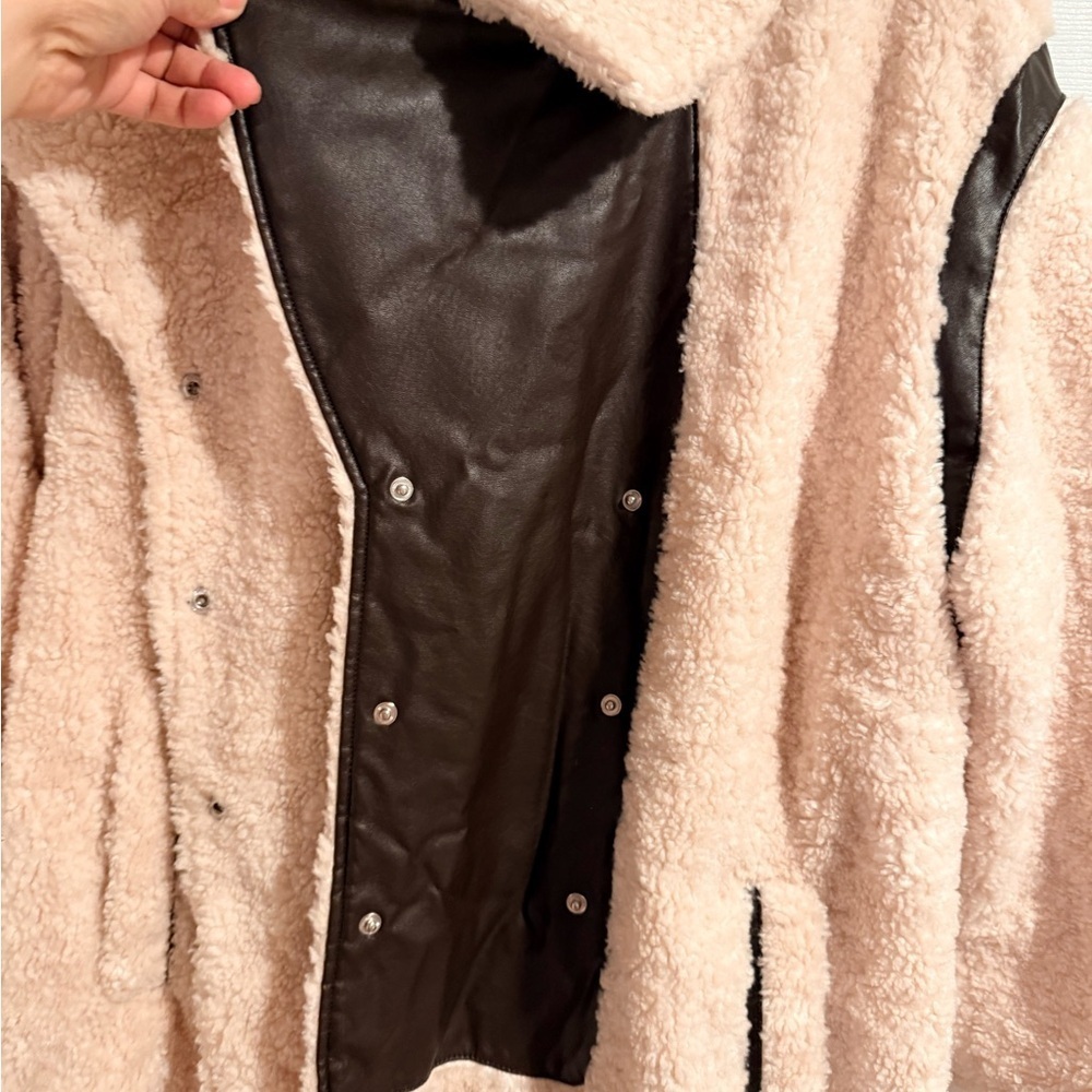 Xolani Faux Leather Patch Sherpa Coat - Picture 2 of 10